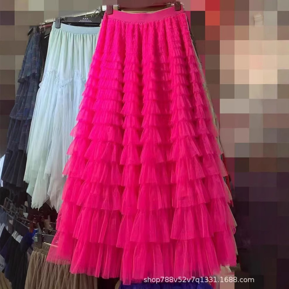 蛋糕裙2025新款夏季欧美外贸跨境女装半身裙  网纱气质长裙蛋糕裙