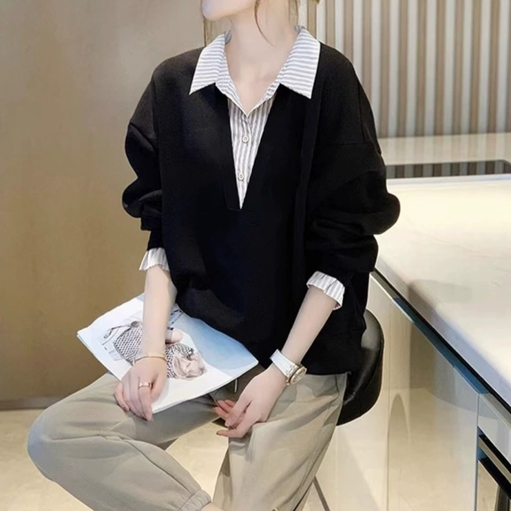 Поддельные две части сшивания дизайн чувство моды модная женская рубашка весна и осень 2025 новый простой дикий иностранный топ