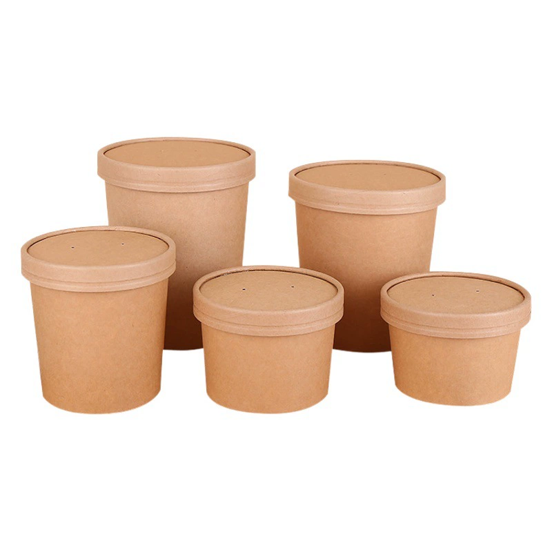Фабрика Прямо на складе одноразовая упаковочная коробка из крафт-бумаги на вынос однопленочная фаст-фуд круглая бумага ведро для супа каша чашка