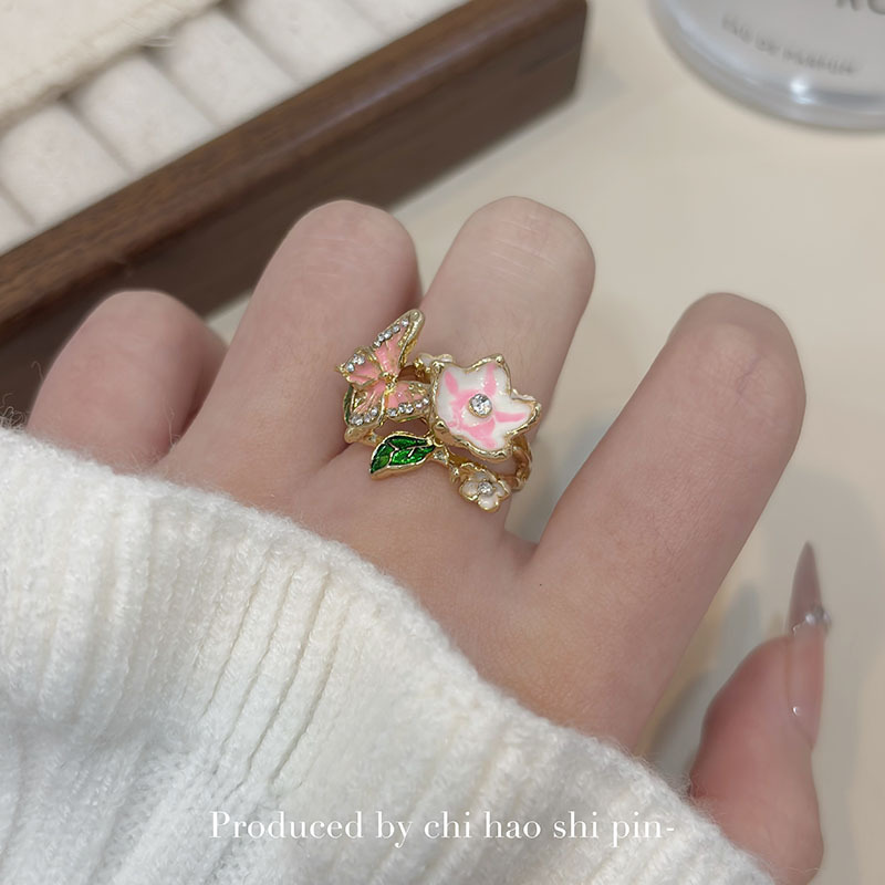 Rosa Blume für Damen, sommerlicher, leichter Luxus-Ring im Palaststil, exklusiver Ring für den Zeigefinger, süßes Stapelring-Design._voghion.com