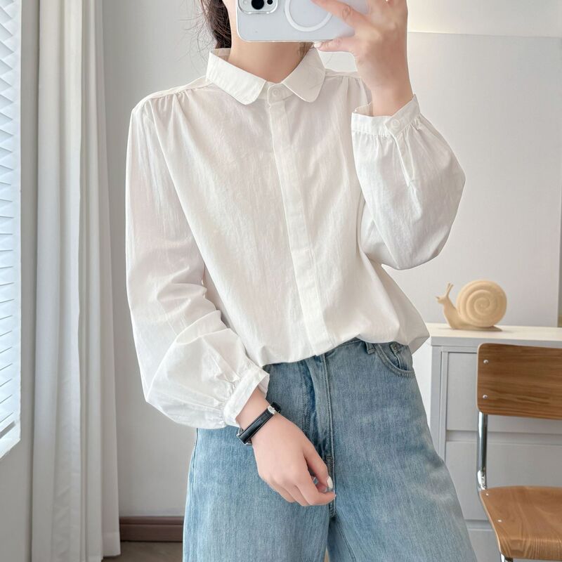 2026 Early Spring New Style Washed Cotton Doll Collar Long-Sleeve Shirt Women's Spring and Autumn New Artistic Casual Shirt Top