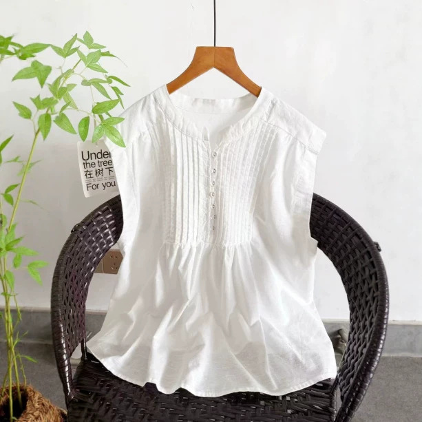 Artistic style accordion pleat multi-button design, fashionable and versatile sleeveless cotton-linen shirt for women in summer Artistic style accordion pleat multi-button design, fashionable and versatile sleeveless cotton-linen shirt for women in summer