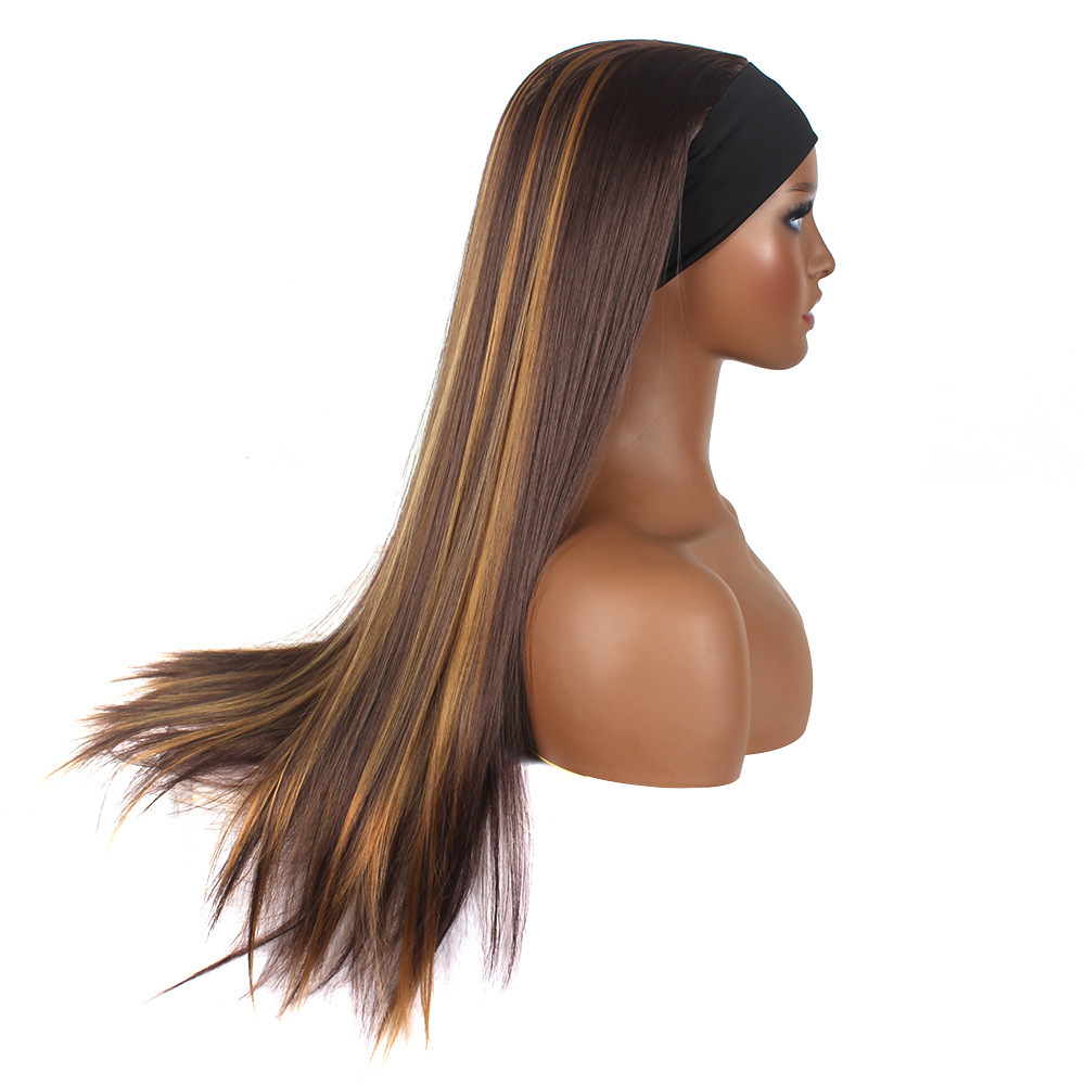Black Long Straight Hair Wig Fully Machine Made European American Style Ice Silk Headband Synthetic Fiber_voghion.com