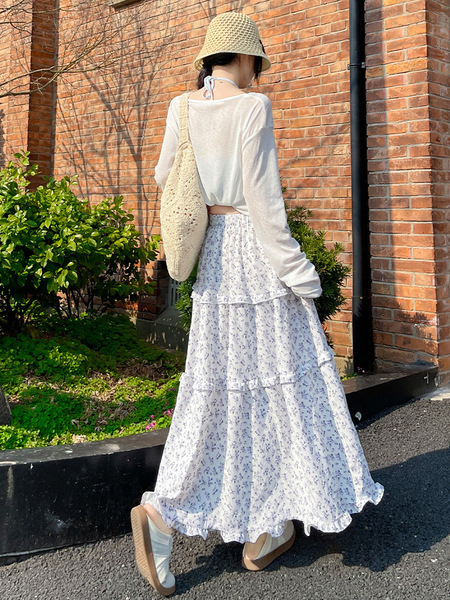 Blue autumn demi-season Korean retro long skirt