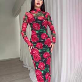 2023秋季新款欧美亚马逊跨境花卉印花中长款花朵连衣裙