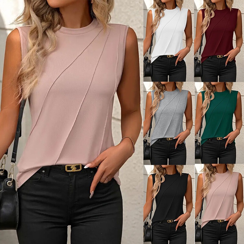 Amazon 2024 European and American cross-border foreign trade summer new solid color round neck sleeveless loose T-shirt vest for women Amazon 2024 European and American cross-border foreign trade summer new solid color round neck sleeveless loose T-shirt vest for women