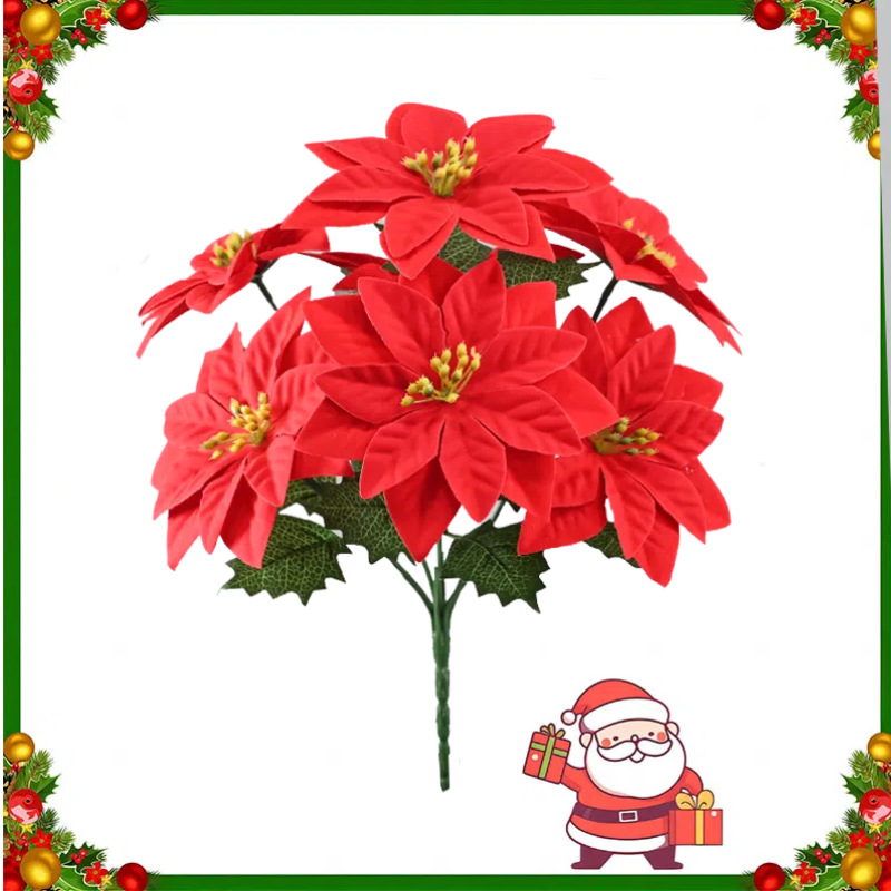 Simulación de 7 flores de Navidad tela de vello flor de Navidad decoración de Año Nuevo decoración de árbol de Navidad cabeza de flores de Navidad