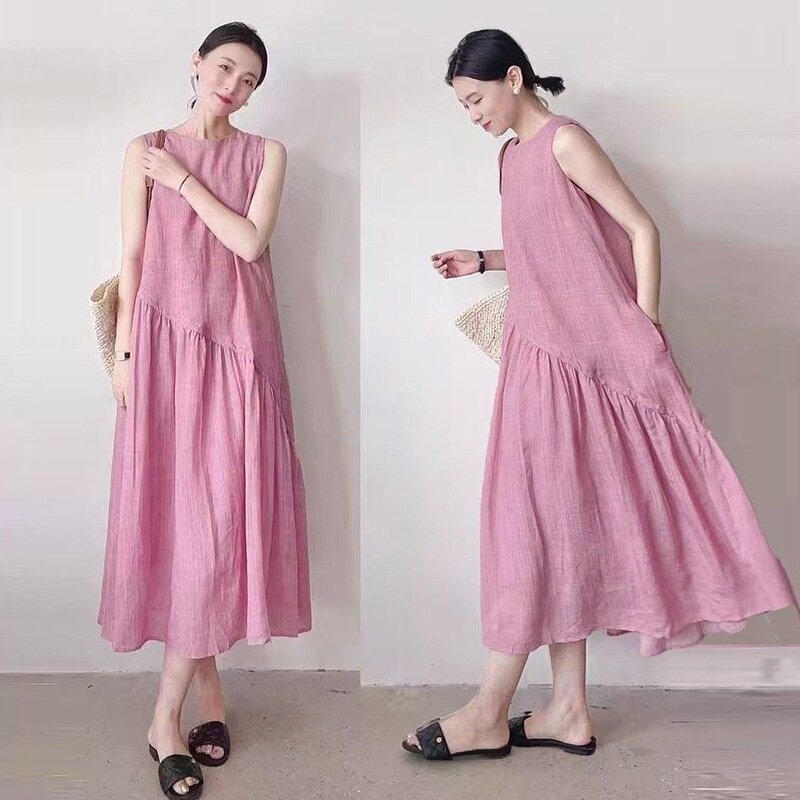 2026 Summer New Style Elegant Versatile Pink Sleeveless Slimming Dress for Women, Tea-Style Korean Cotton and Linen Strap Long Dress