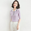 Korean women’s top fashion polo collar contrast thin sweater