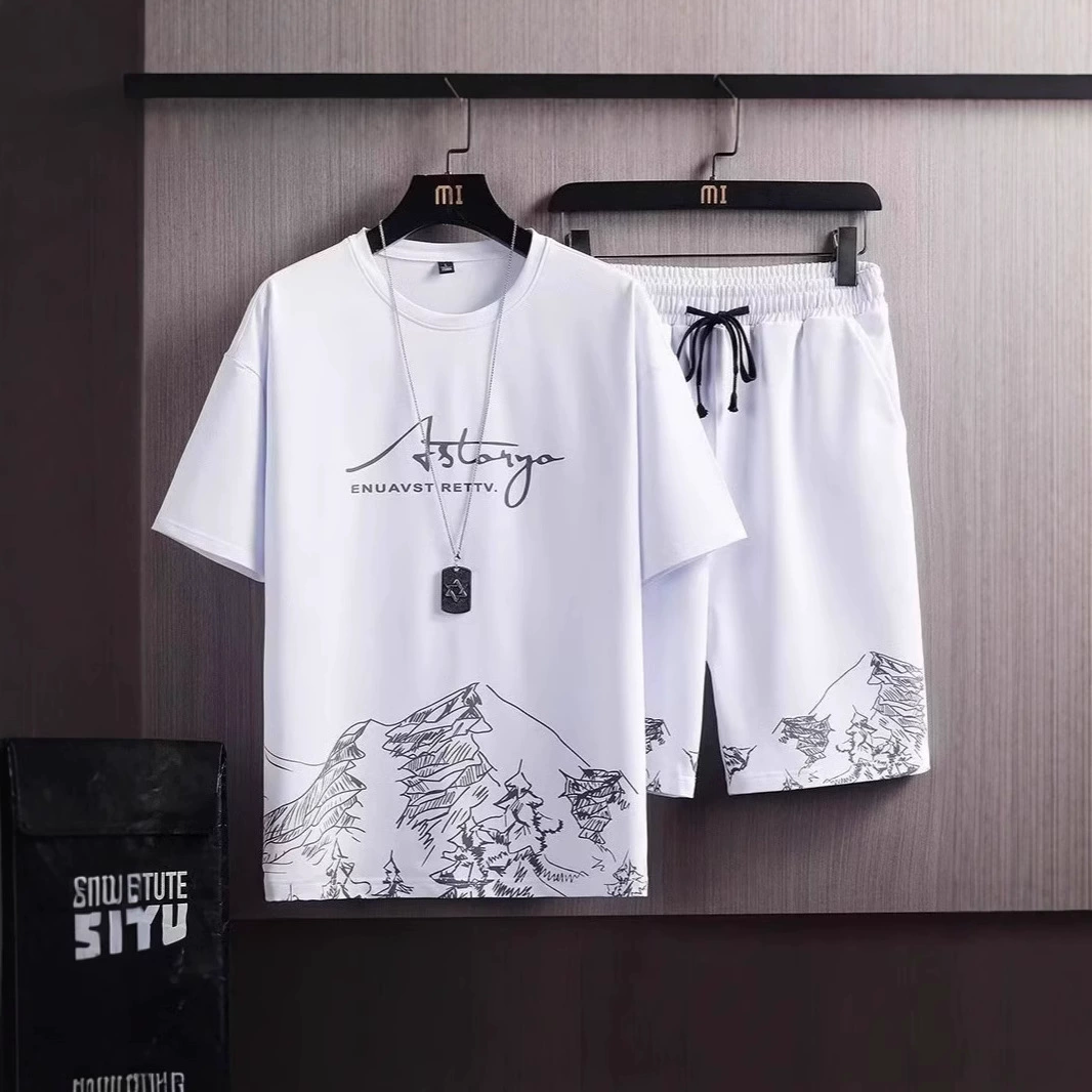 2025 гонконгский ветер летний корейский спортивный костюм мальчики свободные футболки студенты с короткими рукавами простые укороченные брюки трансграничная партия