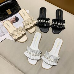 Fairy Wind Pearl Edge Casual Slippers for Women, Outdoor Wear 2021 Summer New Beach Sandals with One-Sided Design, Matched with Dresses