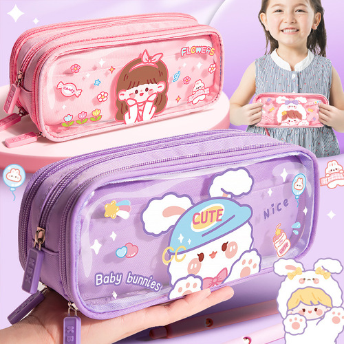 Transparent pencil case for primary school students girl version cartoon cute stationery pencil case canvas high appearance value super large capacity