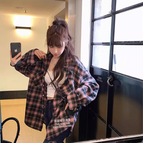 黑粉格子长袖衬衫外套女港风宽松休闲小众复古开衫上衣长袖衬衣