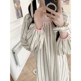跨境专供外贸女士早春新品女士睡裙条纹柔软舒服长袖睡衣家居服女