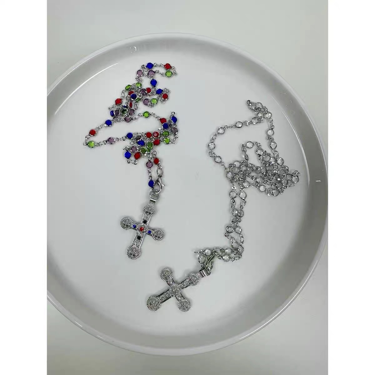 Fashionable Retro Diamond Embedded Spliced Cross Pendant Multi-Layer Colorful Hot Girl Cool Personality Long Necklace display picture 8