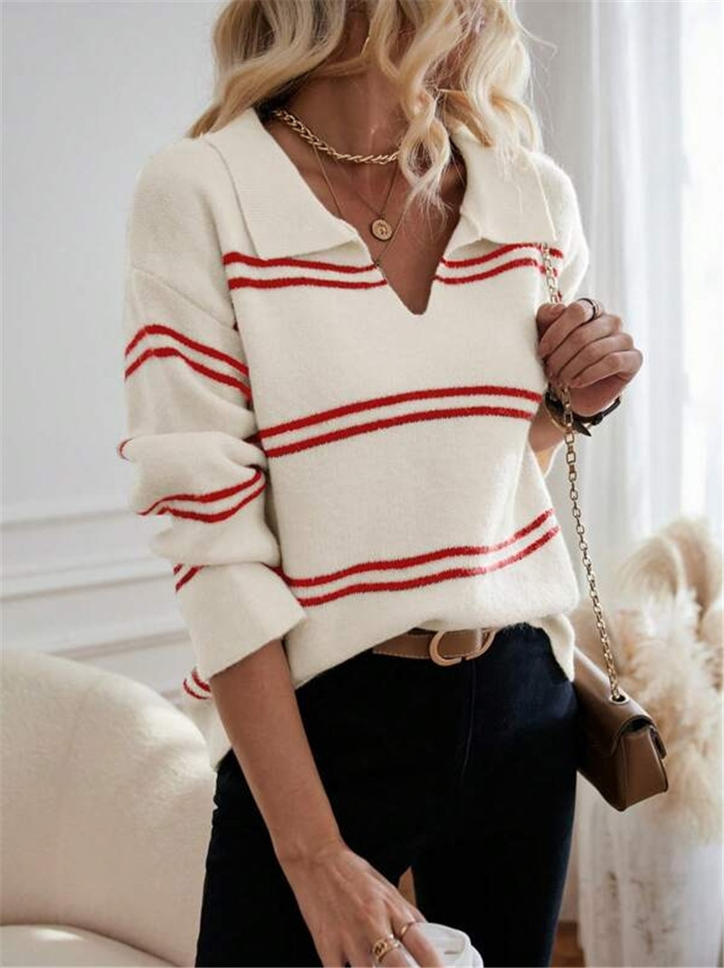 Women's Striped Polo Sweater – V-Neck, Contrast Trim, Long Sleeve (White/Black/Apricot/Red, S-L)_ecoleips.com