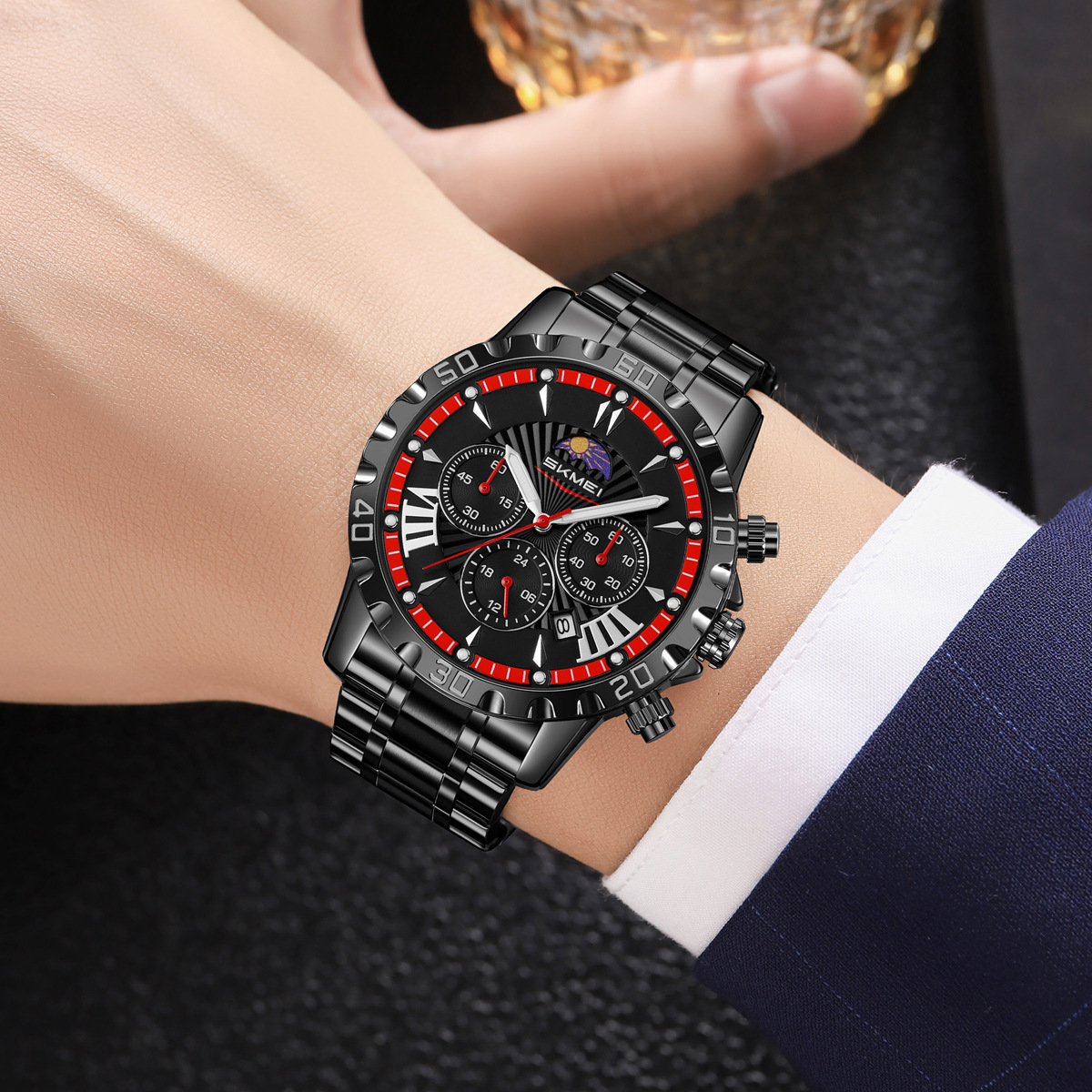 Hora de relojes de cuarzo para hombres cronógrafo multifuncional calendario astral escala romana relojes impermeables al por mayor transfronterizos