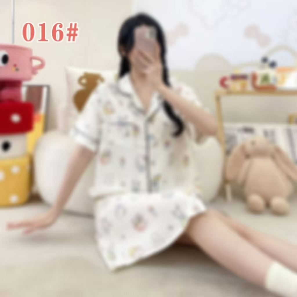 Pijama de verano de manga corta cardigan con solapa impresión de dibujos animados nubes de algodón dulce suelto medio largo vestido transfronterizo