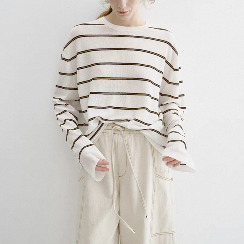 Lightweight Linen-Blend Striped Knitwear Long-Sleeved Breathable Relaxed Sun Protection Cover-Up for Women Lightweight Linen-Blend Striped Knitwear Long-Sleeved Breathable Relaxed Sun Protection Cover-Up for Women