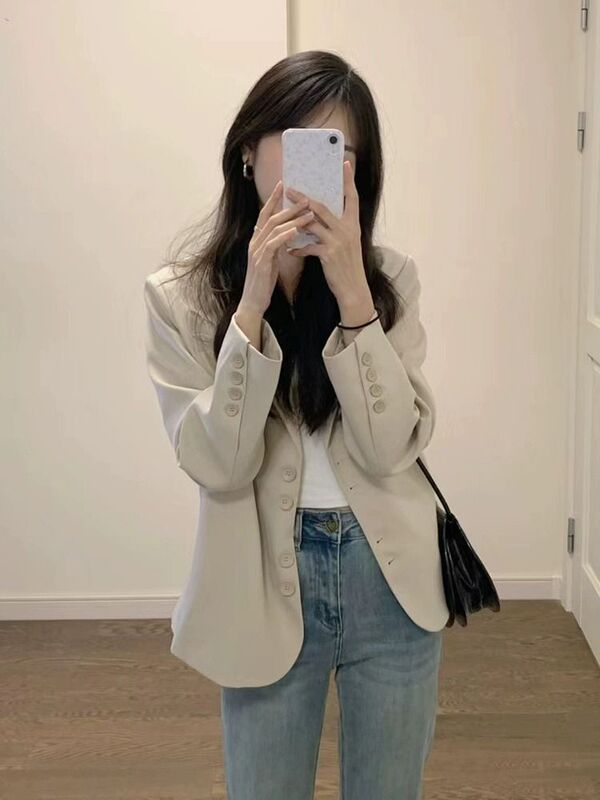 浅卡其休闲西装外套女春秋装新款小个子短款气质高级感百搭西服|undefined