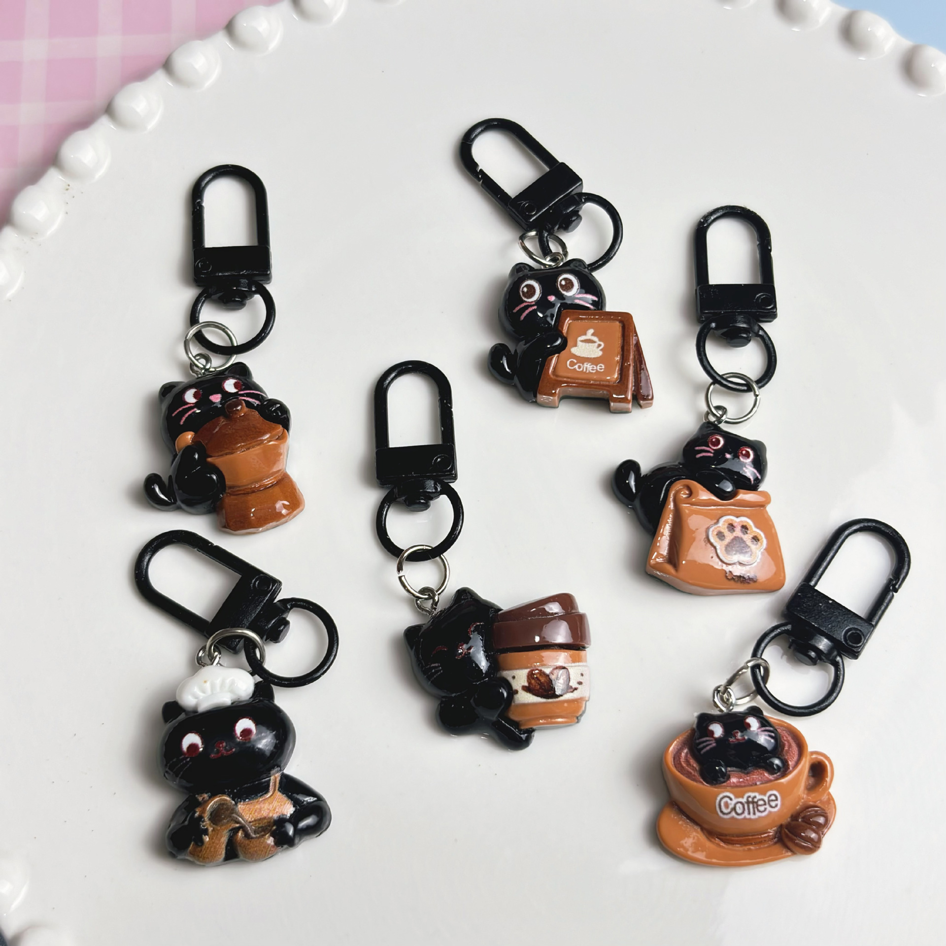 Cute Black Cat Coffee Cup Keychain Pendant Bag Creative Mobile Phone Case Pendant Accessories Gift Small Gift