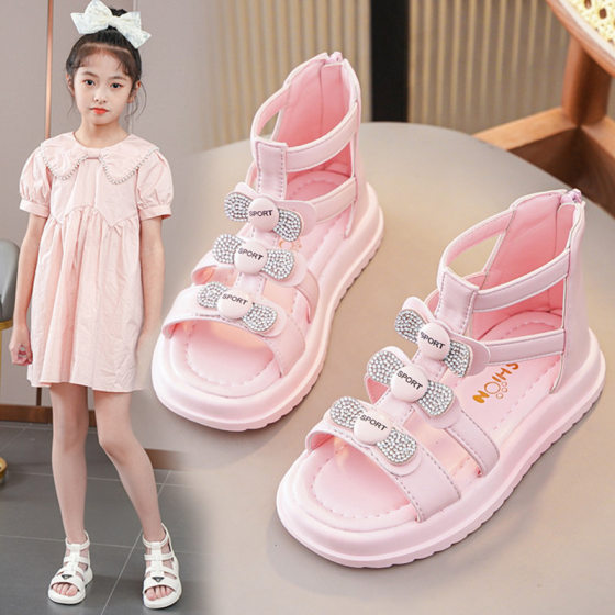 Girls' Sandals Summer 2024 New Style Open Toe Rhinestone Princess Shoes for Middle School and Elementary School Girls Children's Roman Shoes