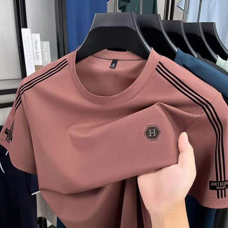 High-End Ice Silk Men's Round Neck Short-Sleeved T-Shirt Summer Casual Top Half-Sleeved Thin Ice-Feel Breathable Trendy T-Shirt High-End Ice Silk Men's Round Neck Short-Sleeved T-Shirt Summer Casual Top Half-Sleeved Thin Ice-Feel Breathable Trendy T-Shirt
