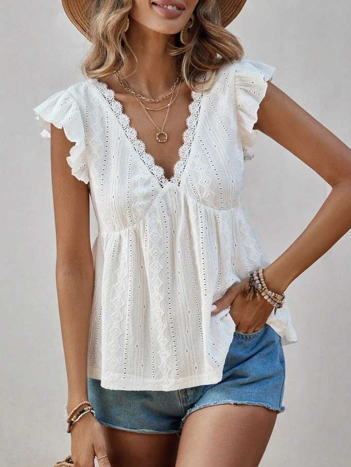 2026 European And American Cross Border Women's Spring And Summer New Fashionable Hollow V-neck Lotus Leaf Short Sleeved Lace T-shirt Top_ecoleips.com