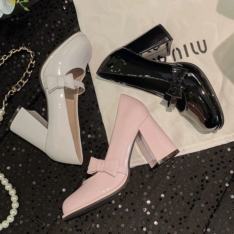 2023 Summer New Style Pure and Versatile Thick-Heeled High-Heeled Bow-Knot Mary Jane Shoes for Women in Pink
