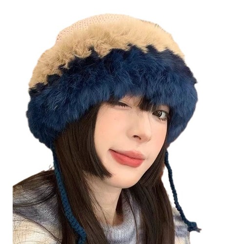 Rabbit fur knitted hat autumn and winter spliced ​​warm woolen hat Korean version of ins sweet and cute plush ear protection cap