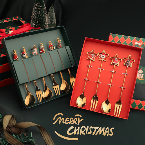 V cross-border Christmas spoon and fork set Dessert spoon coffee spoon Christmas pendant spoon and fork Santa gift set