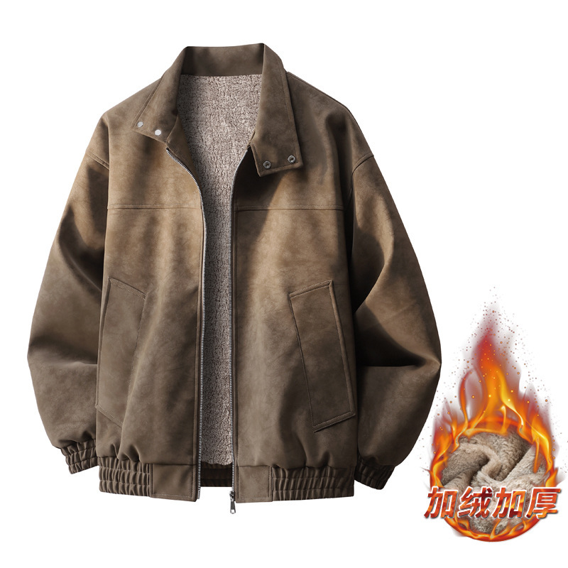 Men's Leather Jacket for Autumn and Winter, Fleece-Lined, Warm, New American Retro Fashion Versatile Biker Leather Coat