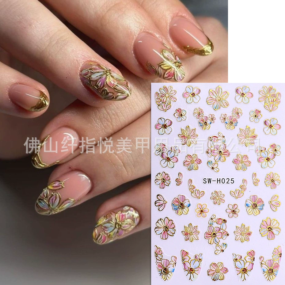 Трансграничные новые наклейки для ногтей оптом ins позолоченные цветные вишневые цветы синий цветок весна-лето цветы наклейки для ногтей