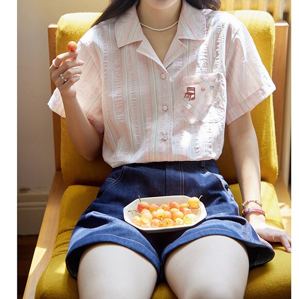 French Cuban Collar Embroidered Short-Sleeved Striped Shirt Women's New Summer Thin Top