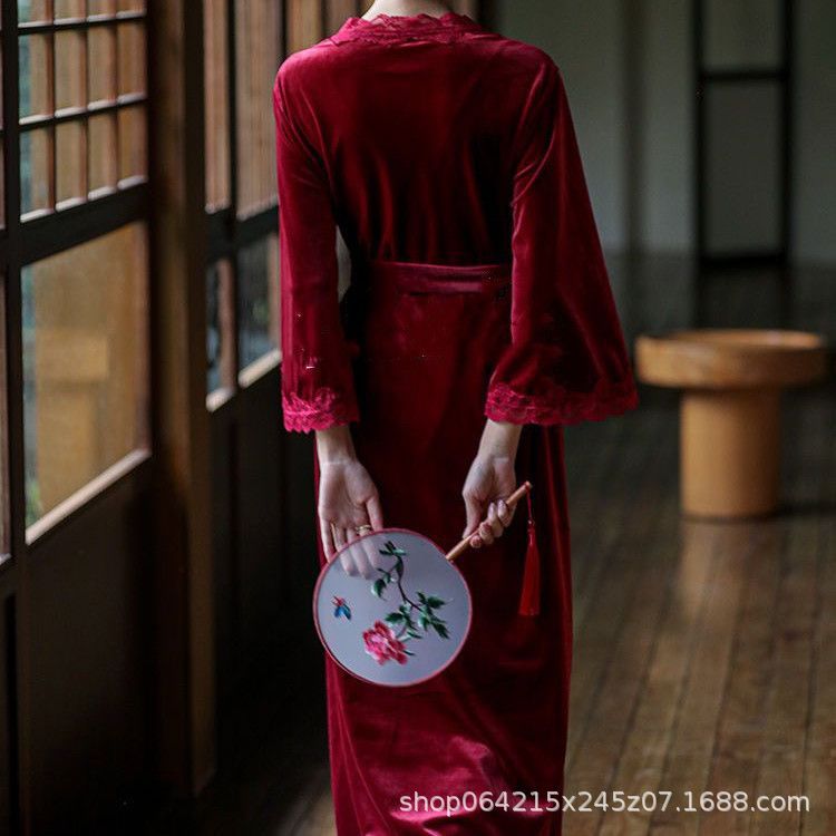 프랑스 신부 아침 가운 하이 엔드 가을과 겨울 레드 벨벳 웨딩 잠옷 투피스 웨딩 잠옷 올해