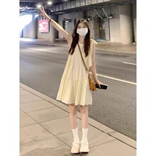 跨境新款小个子吊带无袖挂脖连衣裙子女装夏季海边度假仙女沙滩裙