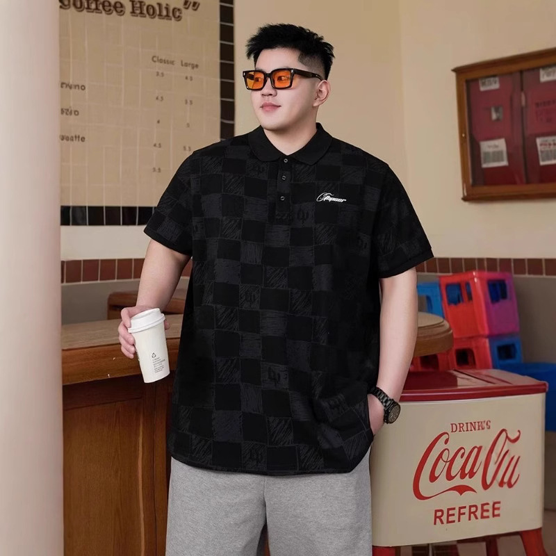 Trendy Brand plus size Men's Summer New Chessboard Plaid Polo Shirt Short-sleeved Fat Loose Casual Half-sleeved T-shirt Top