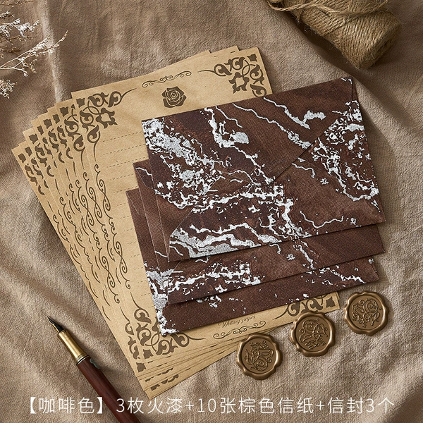 Кофейный, 3 конверта, 10 листов крафтовой бумаги с розой, 3 печати