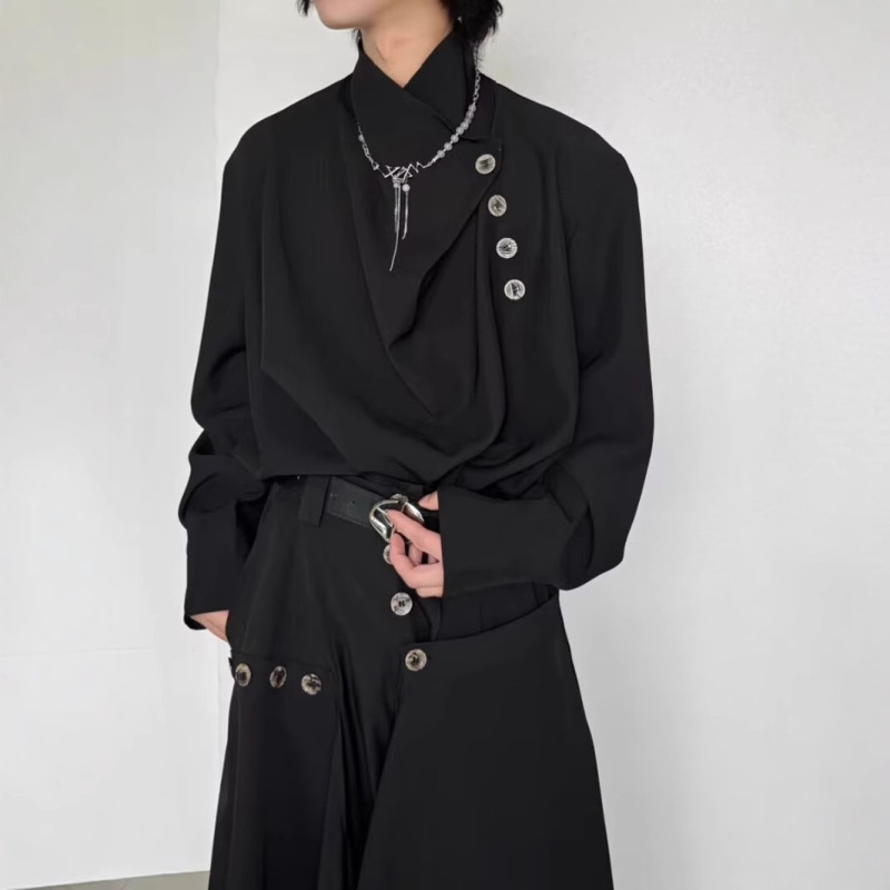 山本耀司春夏设计感小众衬衣男女同款立领暗黑风不规则高级感衬衫|undefined