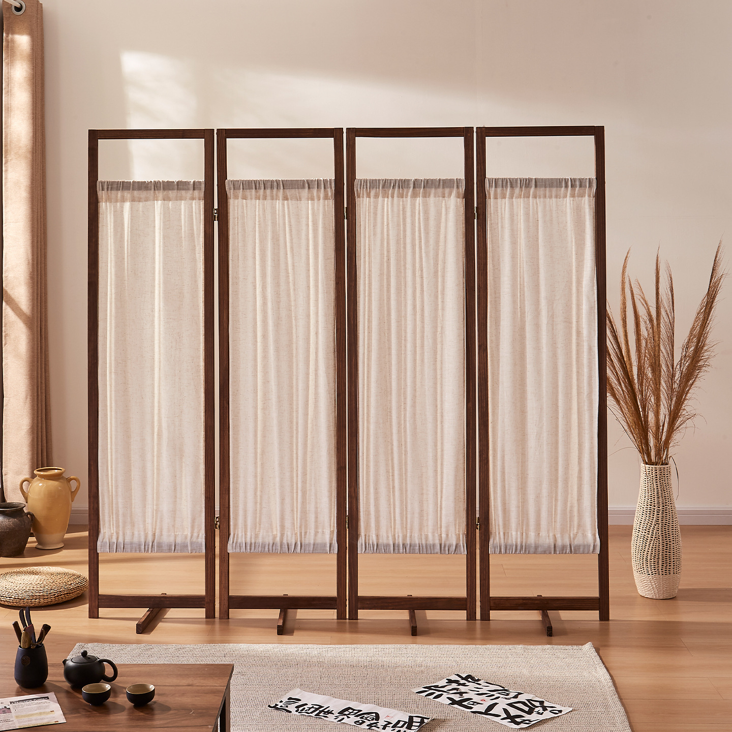 Chinese Screen Partition Foldable Solid Wood Linen Screen Living Room Entrance Tea Room Partition Curtain Retro Folding Screen