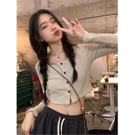 条纹少女复古开衫小香风秋季u领收腰修身辣妹短款长袖T恤针织衫女