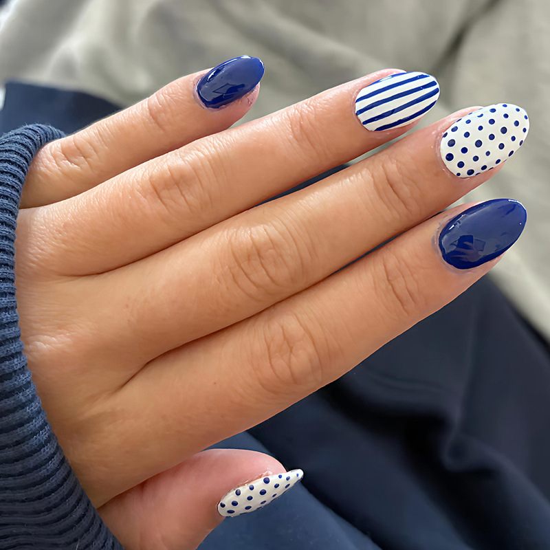 Cross-Border Polka Dot Striped Navy Blue Nail Art, Fashionable Short Round Nails, Simple and Cute Nail Pieces, Wearable Nails, Fake Nails Cross-Border Polka Dot Striped Navy Blue Nail Art, Fashionable Short Round Nails, Simple and Cute Nail Pieces, Wearable Nails, Fake Nails