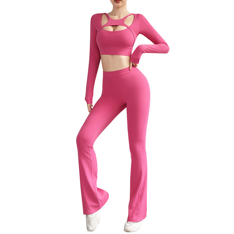 Primavera y otoño hueco hermosa espalda sexy con cojín de pecho camisa deportiva de manga larga, ropa de yoga apretada, ropa de entrenamiento para mujeres