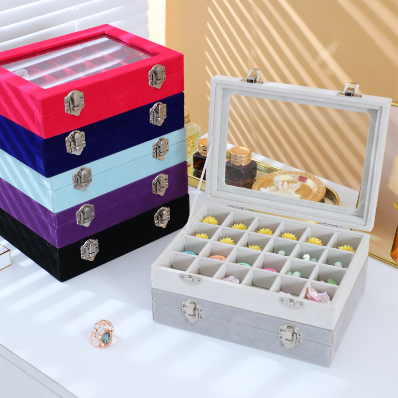 Glass Velvet 24-Grids Storage Tray with Lid Small Jewelry Box Manicure Storage Box Ring Box Earring Box Wholesale