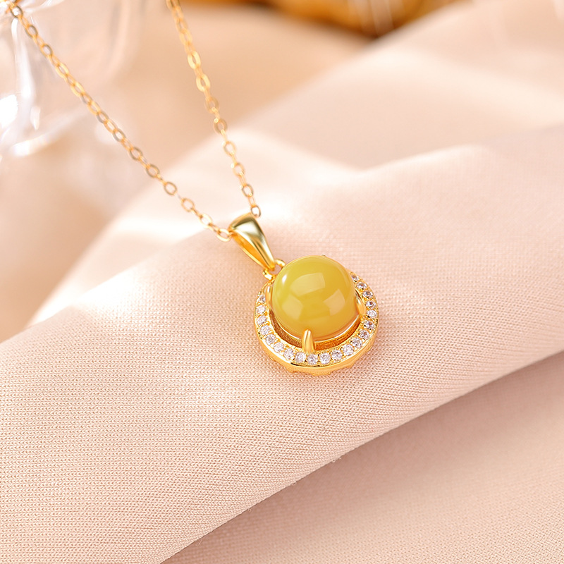 Mặt dây chuyền bạc S925 mạ vàng sáp ong viền zircon hình tròn phong cách hoang dã — Bạc (mặt dây chuyền đơn)