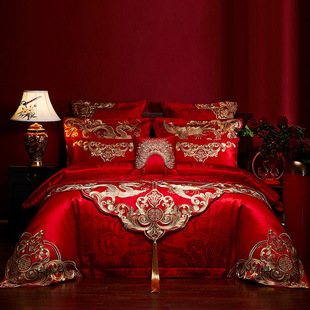 Wedding four-piece set embroidery pure cotton new wedding satin red dragon and phoenix wedding wedding wedding wedding long-staple cotton bedding