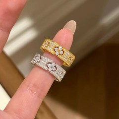法式老钱风幸运四叶草满天星戒指轻奢镶满钻花朵排戒条戒女