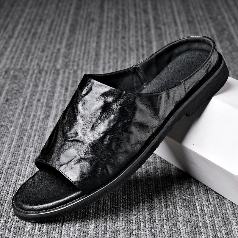 Men's summer sandals first layer sheepskin embossed slip-on slippers slip-on home outdoor slippers fashion beach slippers