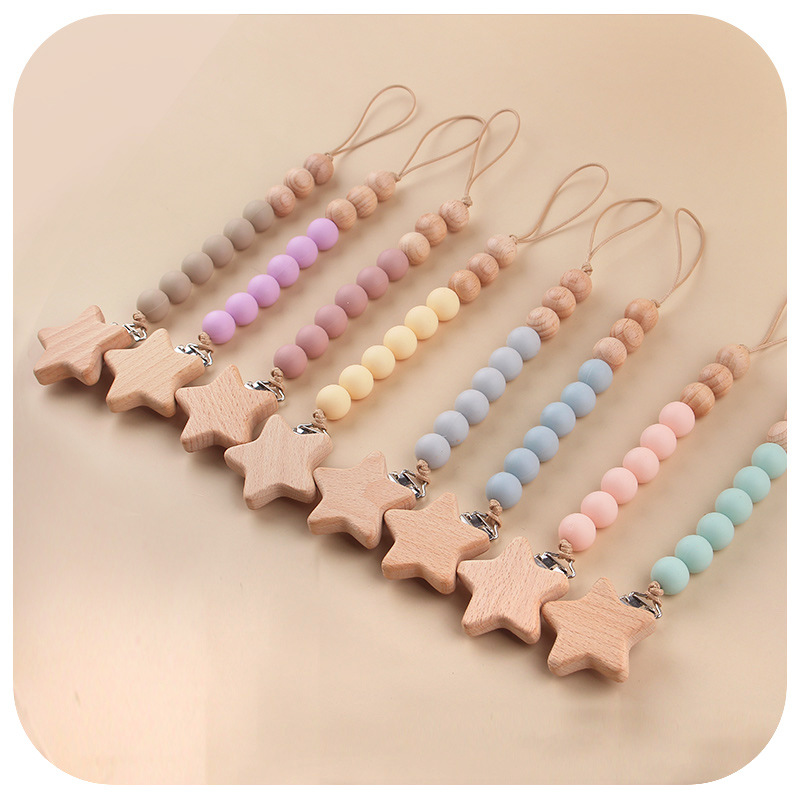 SHIEN bebés estrellas cadena de tetas de madera de haya de silicona cadena de dientes de mordida de bebé cadena de dientes de mordida anti-perdida