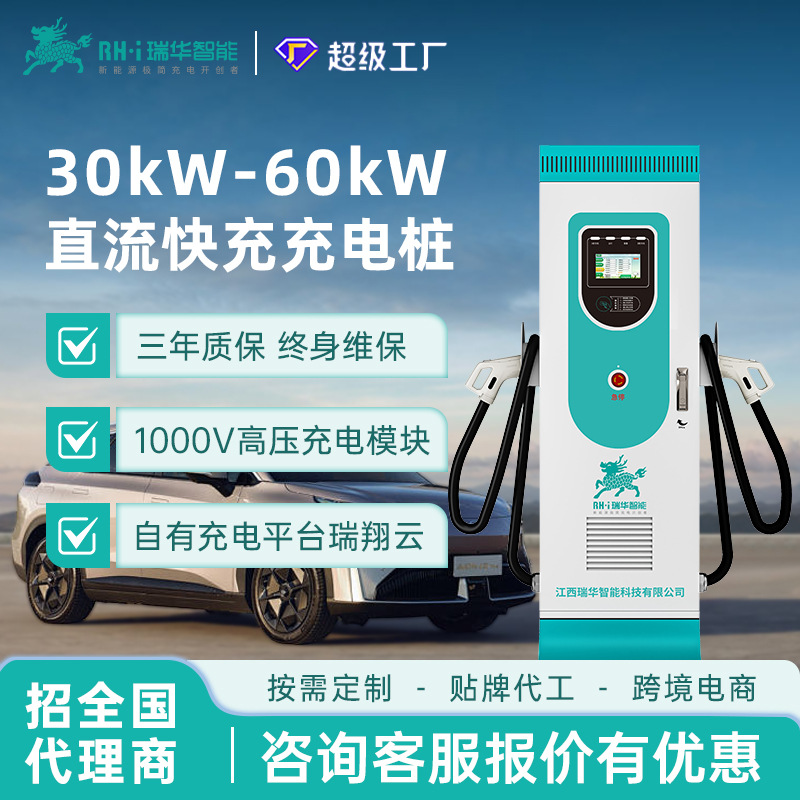 瑞华智能30/40/60kw千瓦单双枪直流快充充电桩380V新能源汽车九孔